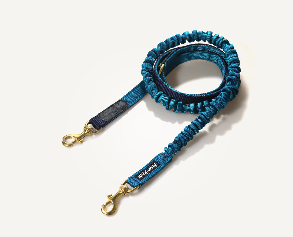 Lanyard with shock absorber and two carabiners, navy blue color